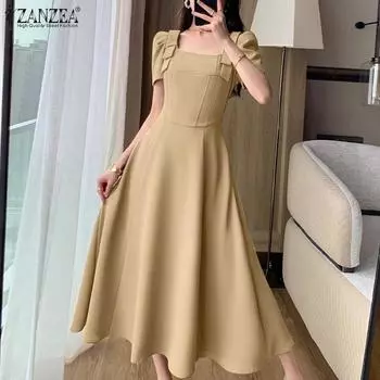 ZANZEA Женские летние платья-фонарики с квадратным вырезом и короткими рукавами, с завышенной талией S темно-синий