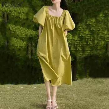 ZANZEA Женские летние платья с квадратным вырезом и короткими рукавами, однотонные платья S зелёный