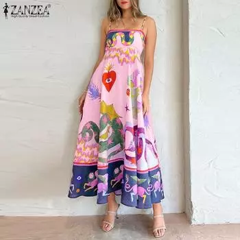 ZANZEA Женские летние платья с открытыми плечами и принтом без рукавов на подтяжках 3XL бежевый