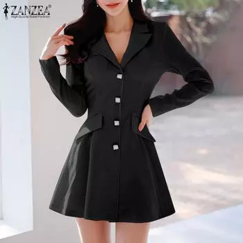 ZANZEA женские летние платья с поясом и длинными рукавами и декоративными карманами