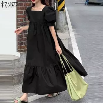 ZANZEA Женские летние платья-трапеции с квадратным вырезом и короткими рукавами 4XL чёрный