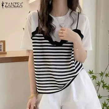 ZANZEA Женские летние поддельные двухкомпонентные полосатые футболки с круглым вырезом и коротким рукавом S чёрный