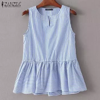 ZANZEA Женские летние полосатые майки без рукавов с V-образным вырезом M светло-синий