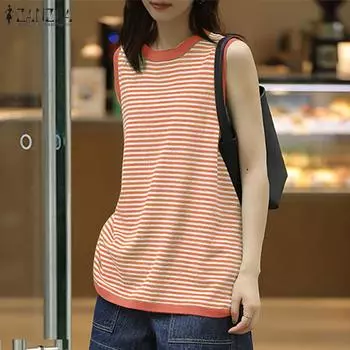 ZANZEA Женские летние полосатые майки без рукавов с круглым вырезом S оранжевый