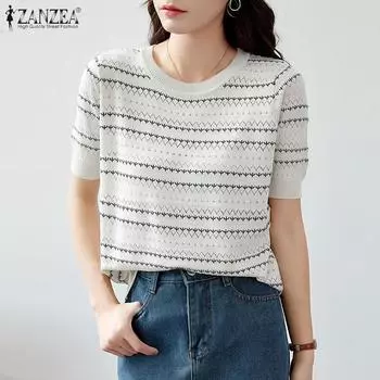 ZANZEA Женские летние полосатые трикотажные футболки с круглым вырезом и коротким рукавом белый