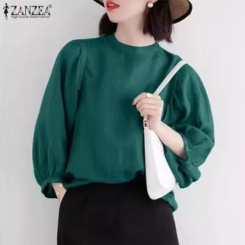 ZANZEA Женские летние повседневные блузки с круглым вырезом и рукавом-фонариком 3/4, свободные блузки 4XL белый