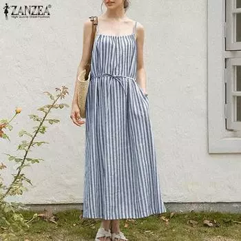 ZANZEA Женские летние повседневные богемные пляжные длинные платья без рукавов в полоску с принтом