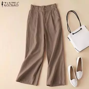 ZANZEA женские летние повседневные брюки с эластичной резинкой на талии, свободные широкие брюки #2 L белый