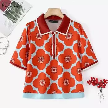 ZANZEA Женские летние повседневные футболки с коротким рукавом и цветочным принтом 3XL оранжевый