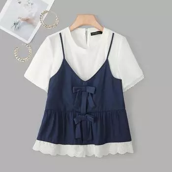 ZANZEA Женские летние повседневные футболки с круглым вырезом и коротким рукавом в стиле пэчворк S темно-синий