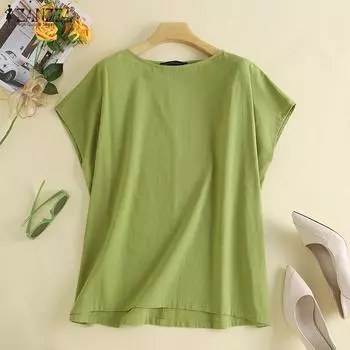 ZANZEA Женские летние повседневные хлопковые футболки с круглым вырезом и короткими рукавами