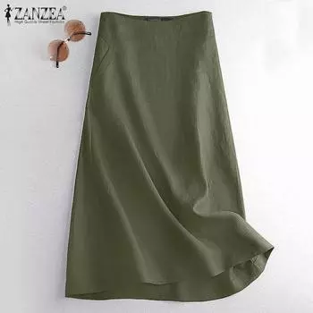 ZANZEA женские летние повседневные хлопковые льняные юбки с боковой молнией S темно-синий