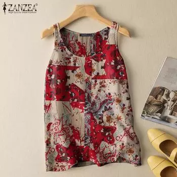 ZANZEA Женские летние повседневные хлопковые майки без рукавов с круглым вырезом и принтом M синий