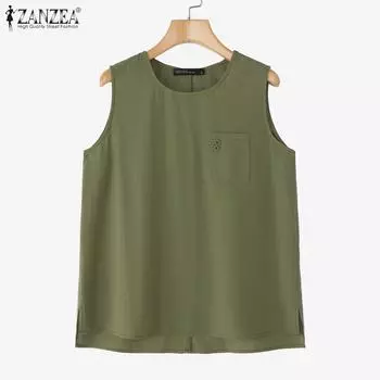 ZANZEA Женские летние повседневные хлопковые майки без рукавов с круглым вырезом S зелёный