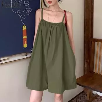 ZANZEA женские летние повседневные комбинезоны без рукавов с широкими штанинами 4XL темно-зеленого