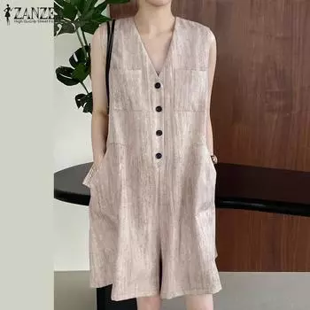 ZANZEA Женские летние повседневные короткие комбинезоны без рукавов с V-образным вырезом S чёрный