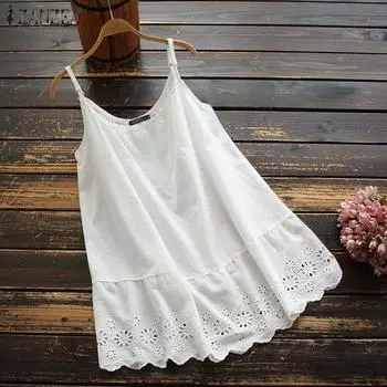 ZANZEA Женские летние повседневные кружевные безрукавки с вязанным крючком кружевом S синий