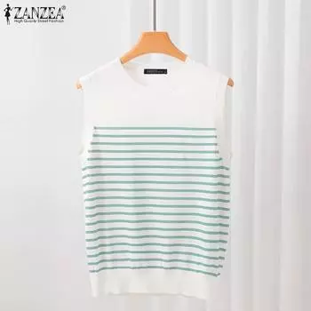 ZANZEA Женские летние повседневные майки без рукавов с круглым вырезом в полоску 4XL чёрный