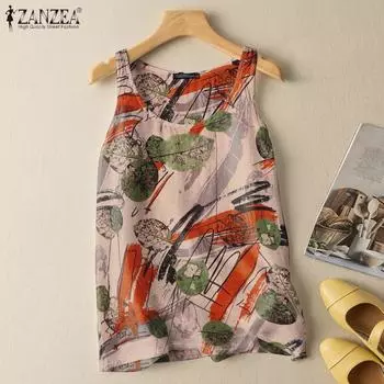 ZANZEA Женские летние повседневные майки без рукавов с принтом и круглым вырезом 4XL светло-зеленый