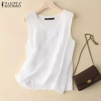 ZANZEA Женские летние повседневные майки без рукавов с круглым вырезом и вышивкой S белый