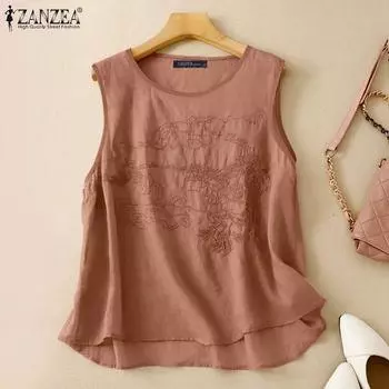 ZANZEA Женские летние повседневные майки без рукавов с круглым вырезом и вышивкой 3XL темно-синий