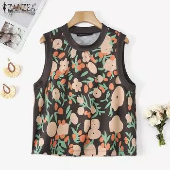 ZANZEA Женские летние повседневные майки без рукавов с цветочным принтом хаки