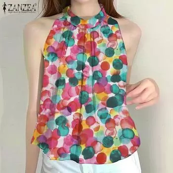 ZANZEA Женские летние повседневные майки без рукавов с цветным принтом в горошек S жёлтый