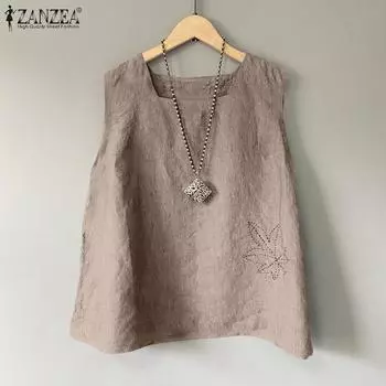 ZANZEA Женские летние повседневные майки с квадратным вырезом без рукавов с цветочным принтом 3XL темно-синий