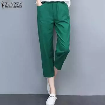 ZANZEA женские летние повседневные однотонные укороченные брюки с эластичной резинкой на талии M зелёный