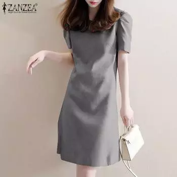 ZANZEA Женские летние повседневные платья с коротким рукавом и круглым вырезом S хаки
