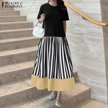 ZANZEA Женские летние повседневные платья с круглым вырезом и коротким рукавом в полоску M чёрный