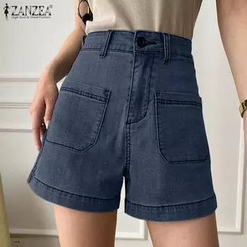 ZANZEA Женские летние повседневные синие джинсовые узкие шорты с высокой талией