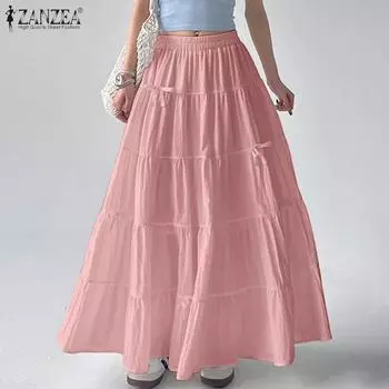 ZANZEA Женские летние повседневные свободные длинные юбки А-силуэта с эластичной резинкой на талии 2XL чёрный