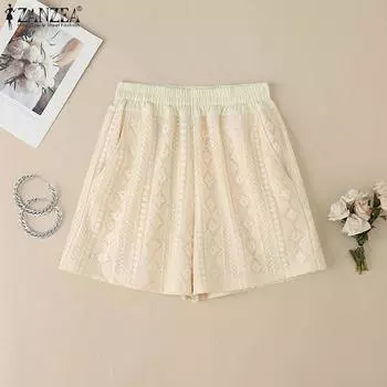 ZANZEA Женские летние повседневные свободные кружевные шорты с эластичной талией S чёрный