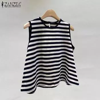 ZANZEA Женские летние повседневные свободные майки с круглым вырезом в полоску S чёрный
