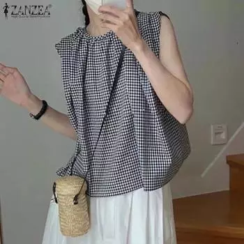 ZANZEA Женские летние повседневные свободные майки в клетку без рукавов с круглым вырезом и плиссировкой M чёрный
