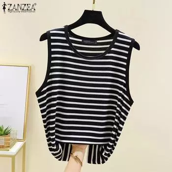 ZANZEA Женские летние повседневные свободные майки с круглым вырезом без рукавов в полоску S чёрный