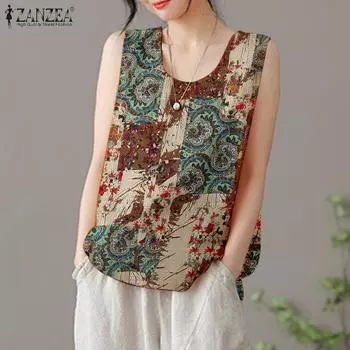 ZANZEA женские летние повседневные топы без рукавов с круглым вырезом в стиле ретро в стиле ретро S синий