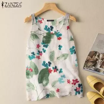 ZANZEA Женские летние повседневные топы без рукавов с круглым вырезом и принтом S жёлтый