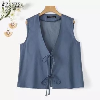 ZANZEA Женские летние повседневные топы без рукавов со шнуровкой и V-образным вырезом S чёрный