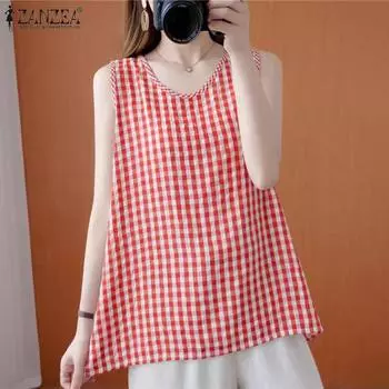 ZANZEA Женские летние прямые майки в клетку с круглым вырезом без рукавов 5XL синий