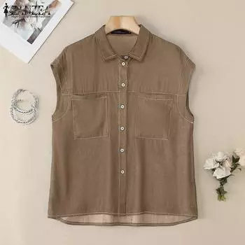 ZANZEA Женские летние рубашки без рукавов с воротником-стойкой 4XL тёмно-синий