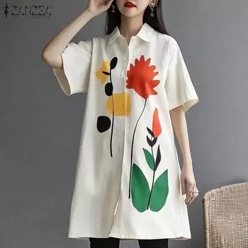 ZANZEA Женские летние рубашки с цветочным принтом и короткими рукавами S чёрный