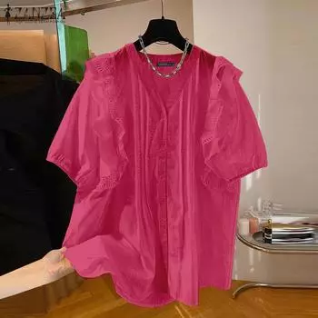 ZANZEA Женские летние рубашки с коротким рукавом и V-образным вырезом и оборками из кружева S чёрный