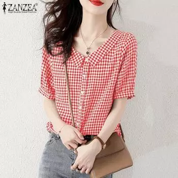 ZANZEA Женские летние рубашки с коротким рукавом и воротником-стойкой в клетку 4XL чёрный