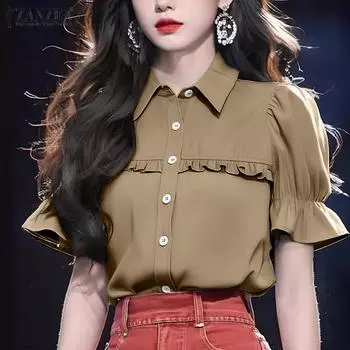 ZANZEA Женские летние рубашки с коротким рукавом и воротником-стойкой S синий