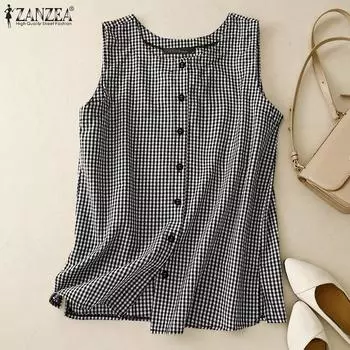ZANZEA Женские летние рубашки с круглым вырезом без рукавов в контрастную клетку 4XL