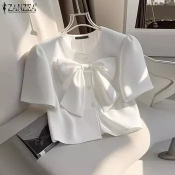 ZANZEA Женские летние рубашки с круглым вырезом и коротким рукавом, декоративным узлом для галстука S белый