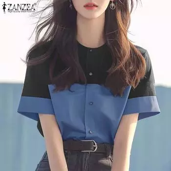 ZANZEA Женские летние рубашки с круглым вырезом и коротким рукавом контрастного цвета 4XL жёлтый