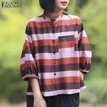 ZANZEA Женские летние рубашки с круглым вырезом и рукавом-фонариком в полоску S ржавый